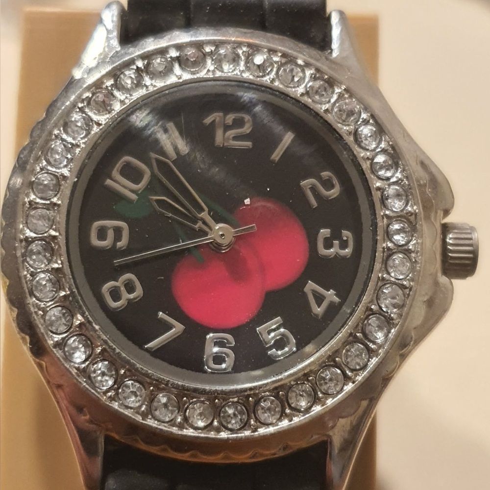 🦋10/$20🦋 Accutime Silver/Black Rhinestone Silicone Cherry Print Women's Watch